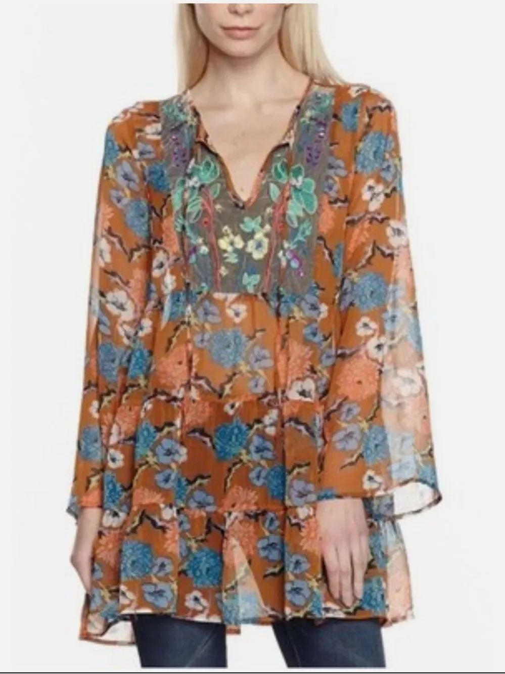 Aratta Orange Floral Embroidered V-Neck Tunic